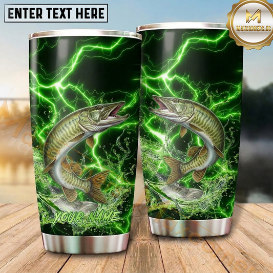 Maxcorners Fishing Tumbler Black Neon Green Thunder Design Personalized Name Tumbler (13 Species)