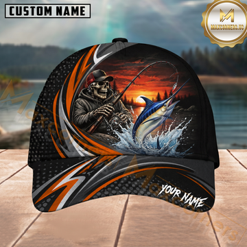 Maxcorners Fishing Skull Angler Orange Wave Personalized 3D Cap