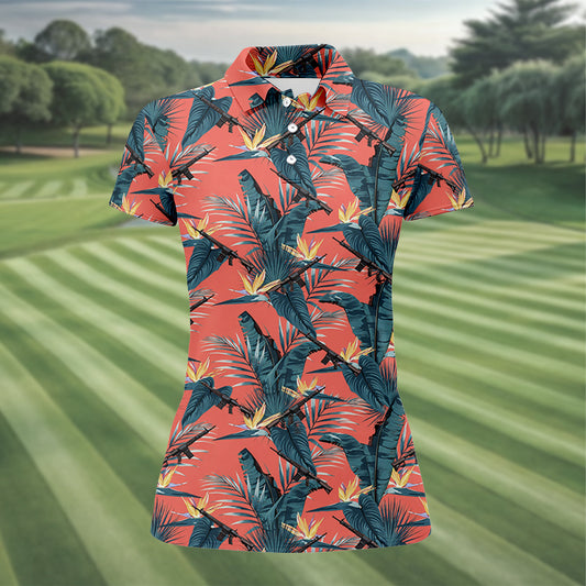 Maxcorners Tropical Palm Leaf And Rifle Pattern Coral Golf Polo, Women’s Golf Apparel, Performance Golf Shirt LM1507