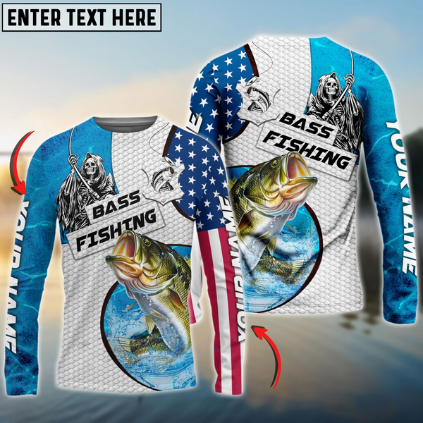 Maxcorners Bass Fishing Reaper Blue Water Personalized Name, Team Name 3D Long Sleeve Shirt