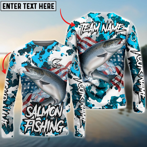 Maxcorners Salmon Fishing American Flag Light Blue Camo Personalized Name, Team Name 3D Long Sleeve Shirt