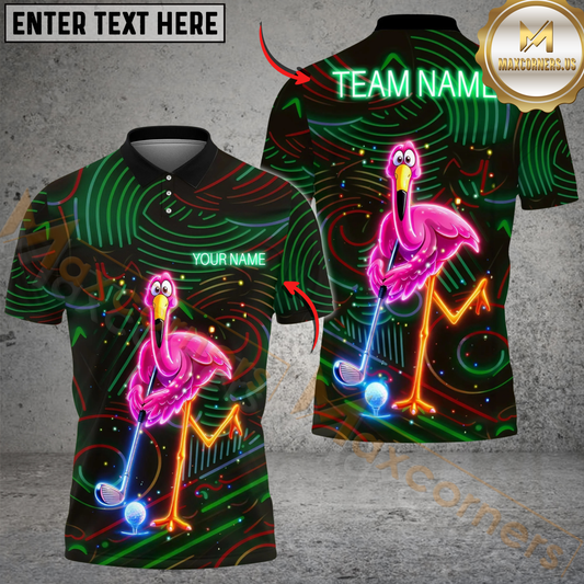 Maxcorners Neon Flamingo Night Golf Polo Personalized Name, Team Name 3D Shirt (4 Colors)