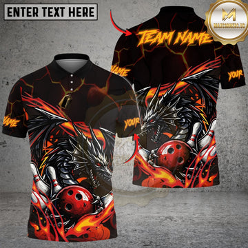 Maxcorners Bowling & Pins Flame Aura Dragon Customized Name, Team Name 3D Shirt (4 Colors)