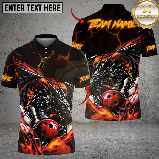 Maxcorners Bowling & Pins Flame Aura Dragon Customized Name, Team Name 3D Shirt (4 Colors)