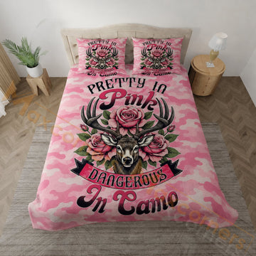 Maxcorners Hunting Pretty In Pink Dangerous In Camo Deer Design Bedding Set 3D Print Custom Name