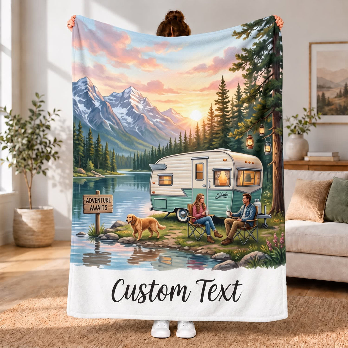 Maxcorners RVs Travel Trailer Mountain Sunrise Camping Custom Name 3D Blanket