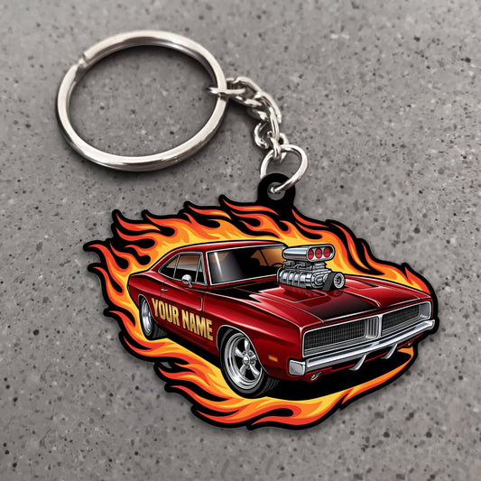 Maxcorners Classic Muscle Car Red Vintage Coupe with Explosive Orange Flames Personalized Name 3D Keychain And Ornament