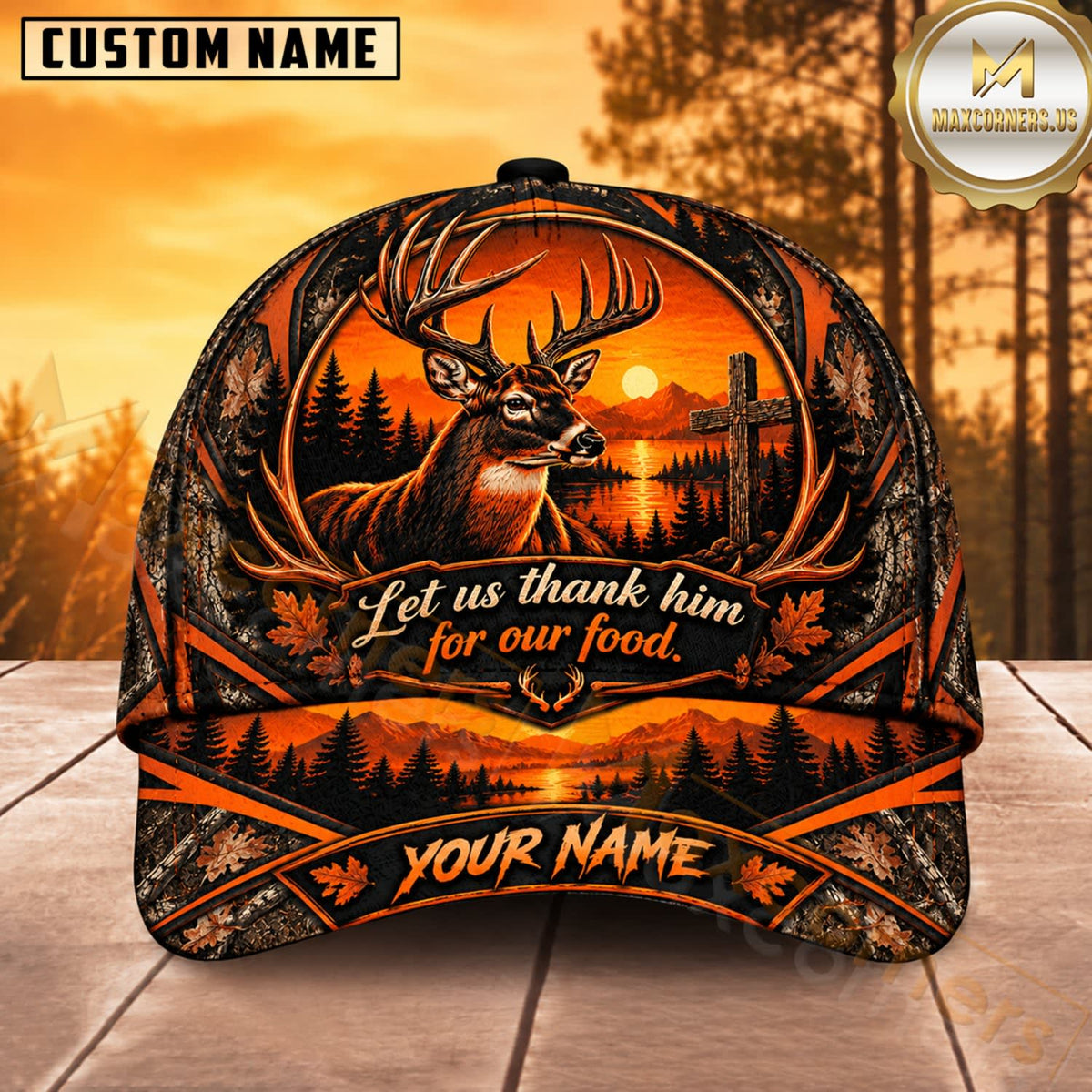 Maxcorners Deer Hunting Whitetail Buck Let Us Thank Him for Our Food Framed Orange Forest Customized Name 3D Cap