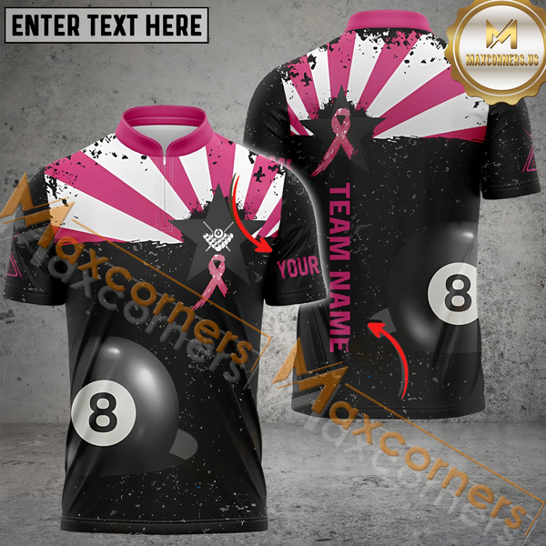 Maxcorners Breast Cancer Awareness Pink Ribbon Billiard Jersey Customized Name, Team Name 3D Polo Shirt