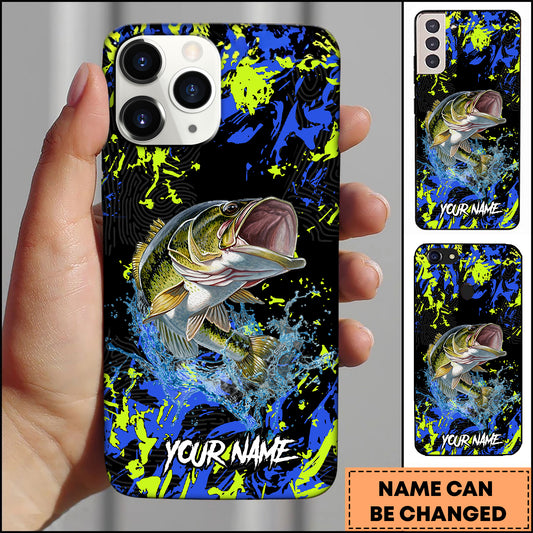 Maxcorners Largemouth Bass Fishing Neon Splash Art Personalized Name 3D Phone Case