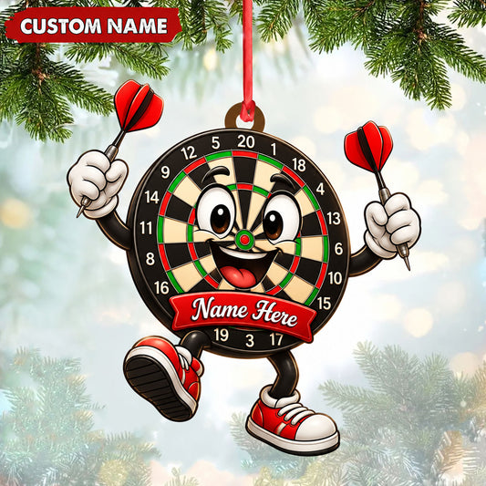 Maxcorners Darts Lover Cheerful Target Board Mascot, Holding Darts, Name Banner Personalized Name Ornament 2D Flat