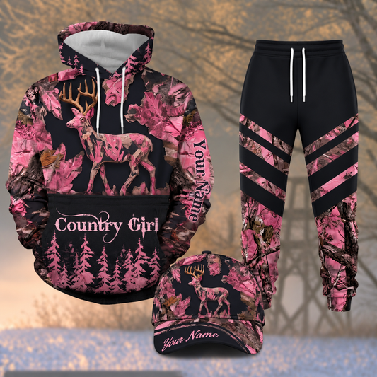 Maxcorners Hunting Pink Camo Country Girl Deer Forest Pattern Personalized 3D Combo Hoodie, Sweatpants Set & Cap