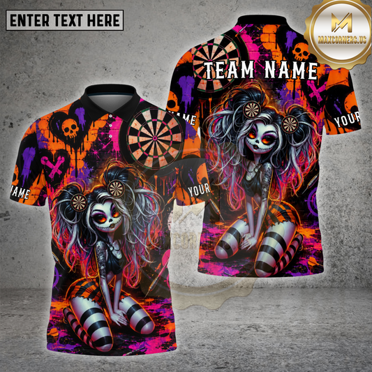 Maxcorners Darts Sugar Skull Girl Neon Graffiti Multicolor Options Personalized Name, Team Name 3D Shirt (4 Colors)