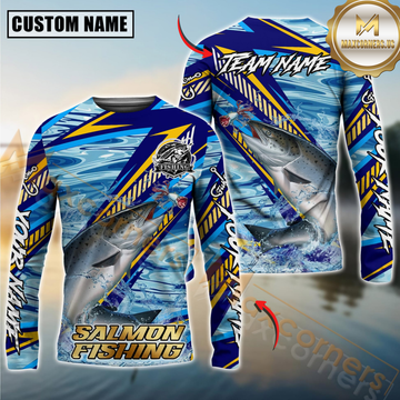 Maxcorners Salmon Fishing Yellow Blue Lightning Pattern Design Custom Name & Team Name 3D Shirts