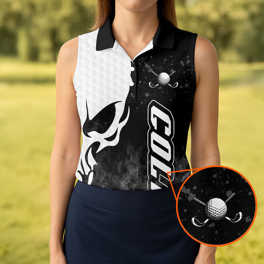 Maxcorners Monochrome Skull Golf Ball Graphic Golf Shirt, Golf Polo For Women, Printed Golf Shirt LM1507