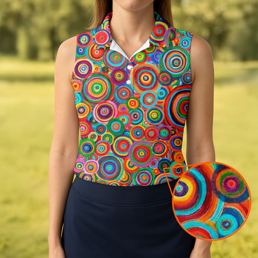 Maxcorners Colorful Abstract Circle Pattern Polo Shirt, Printed Golf Shirt, Hawaiian Golf Shirt, Women’s Golf Tops LM1507