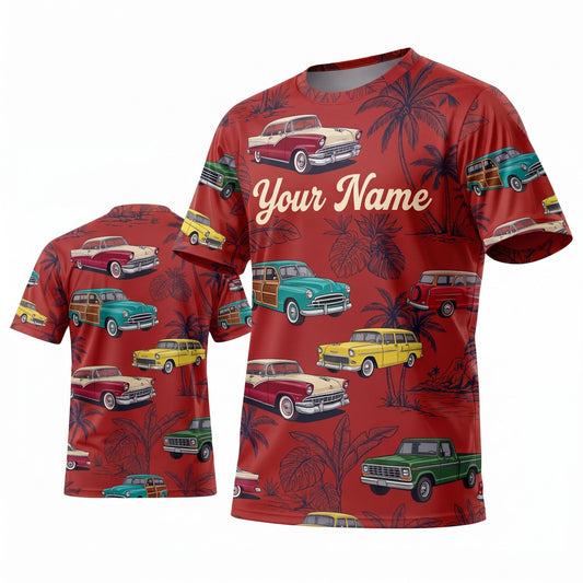 (4 Colors) Maxcorners Personalized Car Classic Muscle Car 3D T-Shirt - Burnt Orange Personalized Name Tropical Classic Cars