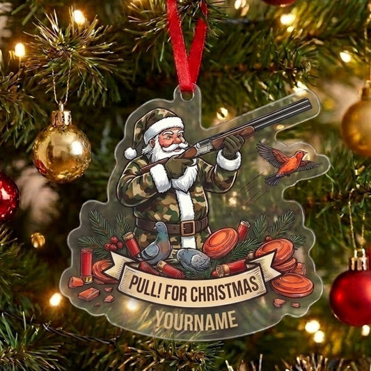 Maxcorners Personalized Camo Santa Pull For Christmas Pigeon Clay Target Shotgun Acrylic Christmas Ornament And Keychain Custom Gift For Hunters 2D Flat