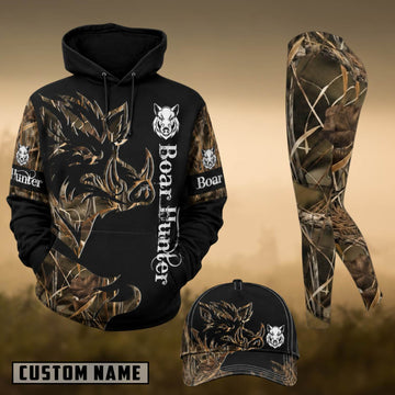 Maxcorners Hunting Wild Boar Hunter Black Forest Camo 3D Combo Hoodie, Legging Set & Cap