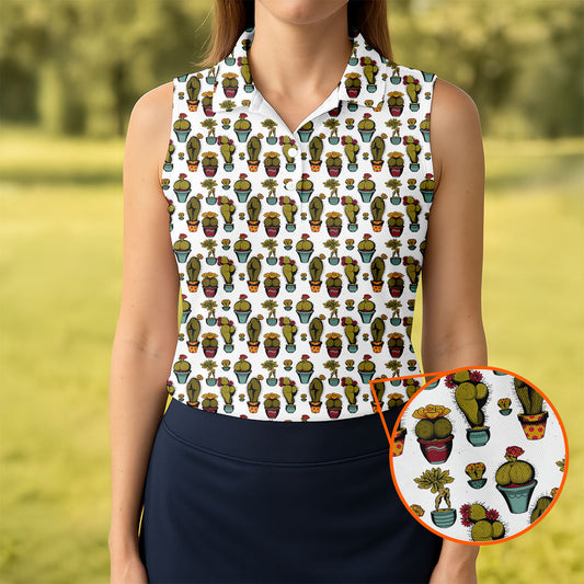 Maxcorners Cute Potted Cactus Pattern Golf Polo Shirt, Ladies Golf Tops, Women's Golf Polo LM1507