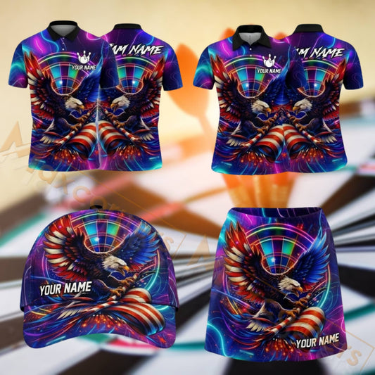 Maxcorners Darts Colorful Neon Abstract Dartboard Design Personalized Team Sportswear Set - Polo Shirt, Cap & Skorts