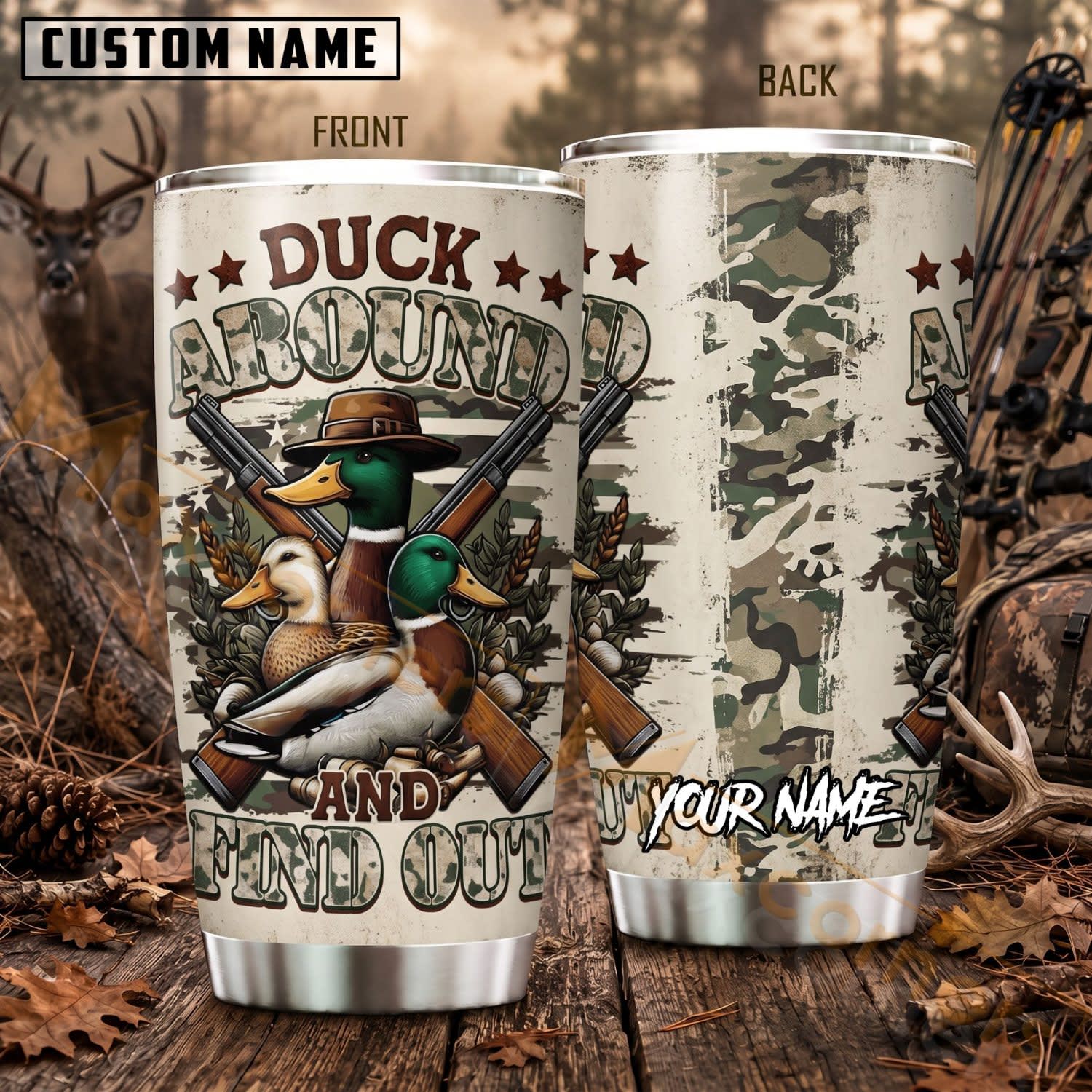 Maxcorners Hunting Duck Hunter Woodland Camo Personalized Name 3D Tumbler