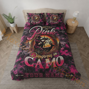 Maxcorners Hunting Pink Deer Skull Dangerous In Camo Design Bedding Set 3D Print Custom Name