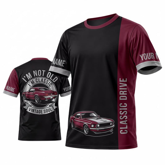 Maxcorners Personalized Car Classic Muscle Car 3D T-Shirt – Black Burgundy Classic Drive and Silver Muscle Car