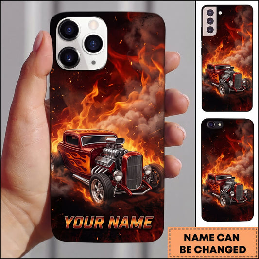 Maxcorners Hot Rod Red Vintage Car with Explosive Orange Flame Personalized Name 3D Phone Case