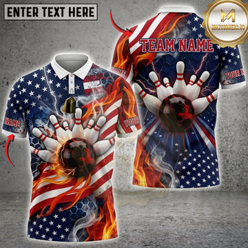 Maxcorners Bowling American Flag Fire And Ice Bowling Strike Personalized Name 3D Unisex Shirt