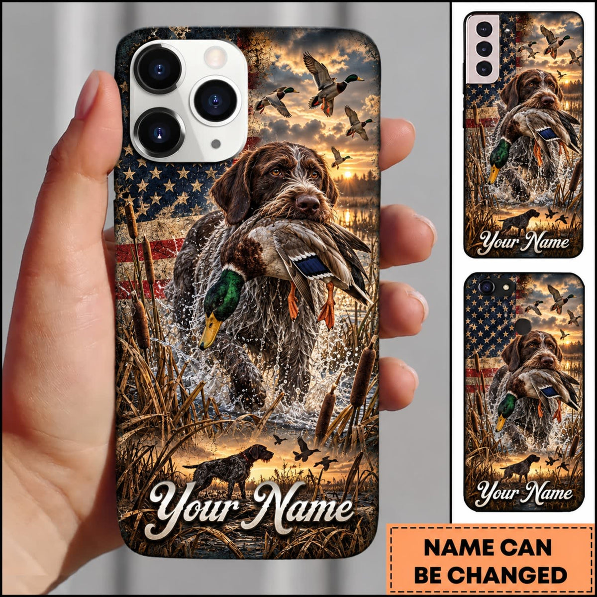 Maxcorners Duck Hunting German Wirehaired Pointer American Flag Sunset Marsh Personalized Name 3D Phone Case - German Wirehaired Pointer
