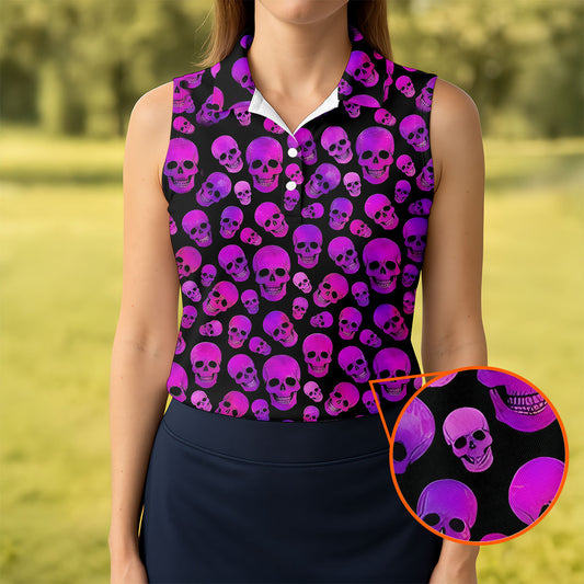 Maxcorners Purple Skull Gothic Pattern Hawaiian Golf Shirt, Women’s Golf Polo, Printed Golf Shirt LM1507