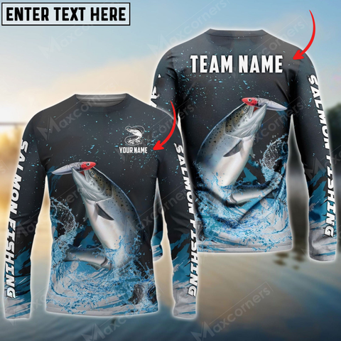 Maxcorners Salmon Fishing Dark Blue Sport Personalized Name, Team Name 3D Long Sleeve Shirt