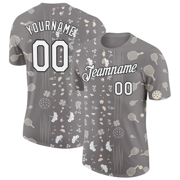Maxcorners Pickleball Paddle Ball Grey White Botanical Floral Stripe Pattern Personalized Name 3D Unisex Shirt
