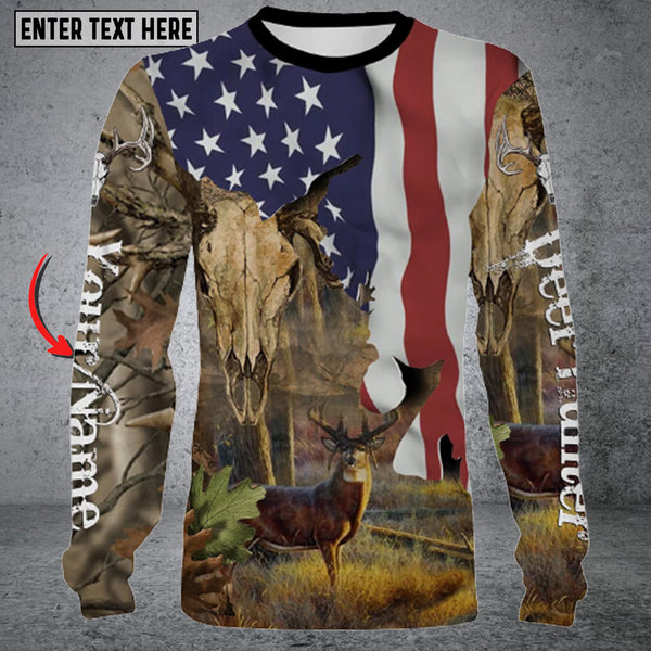 Maxcorners Personalized Name Deer Hunting American Flag Long Sleeve Shirt