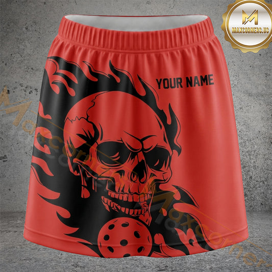 Maxcorners Pickleball Red Skull Flame Ball Personalized 3D Skort, Skirts With Shorts