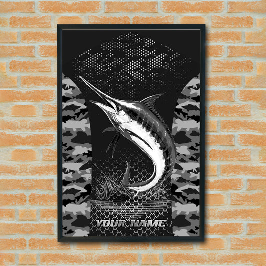 Maxcorners Marlin Fishing Black & White Sketch Style Personalized Name 3D Poster