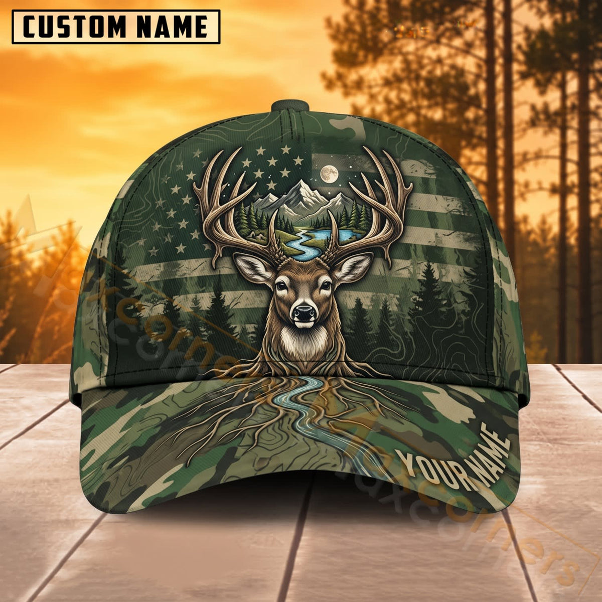 Maxcorners Deer Hunting Pine Forest Buck Personalized Name 3D Cap