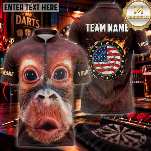 Maxcorners Darts Funny Surprised Chimpanzee Face American Flag Dartboard Personalized Name 3D Unisex Shirt