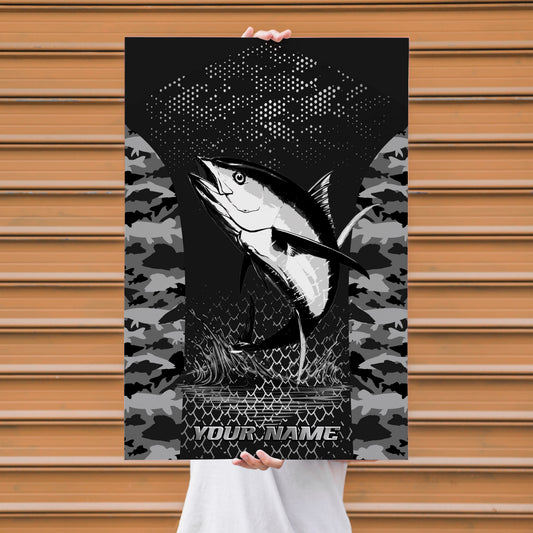 Maxcorners Tuna Fishing Black & White Camo Art Personalized Name 3D Poster