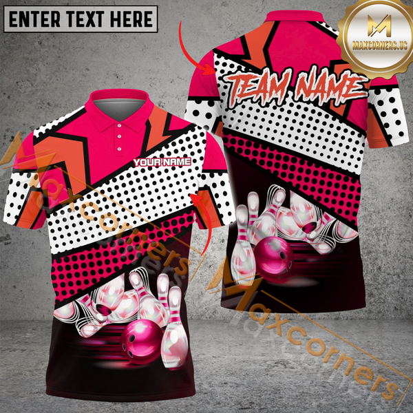 Maxcorners Bowling Ball & Pins Cartoon Multicolor Option Customized Name, Team Name 3D Polo Shirt