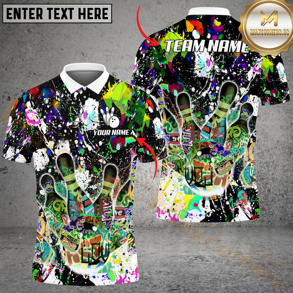 Maxcorners Black Graffiti Splash Paint Bowling Jersey Customized Name, Team Name 3D Polo Shirt