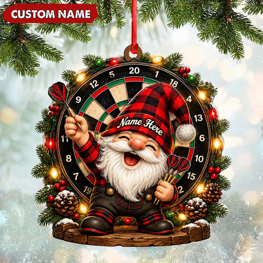 Maxcorners Darts Lover Christmas Gnome Mascot, Target Board, String Lights Wreath Personalized Name Ornament 2D Flat