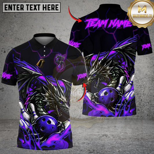 Maxcorners Bowling & Pins Flame Aura Dragon Customized Name, Team Name 3D Shirt (4 Colors)