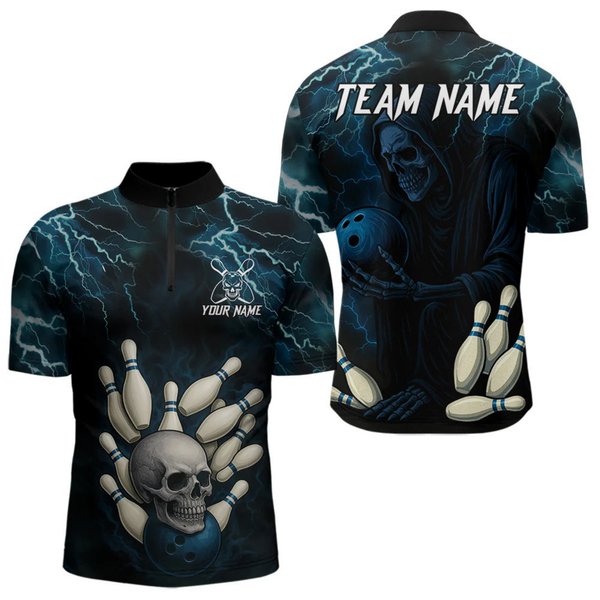 Maxcorners Blue Thunder Lightning Skull Reaper Bowling Polo, 1/4 Zip Shirts For Men Custom team bowling jerseys LM154