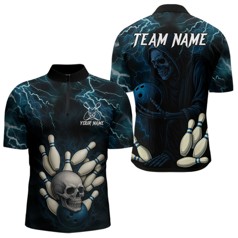 Maxcorners Blue Thunder Lightning Skull Reaper Bowling Polo, 1/4 Zip Shirts For Men Custom team bowling jerseys LM154