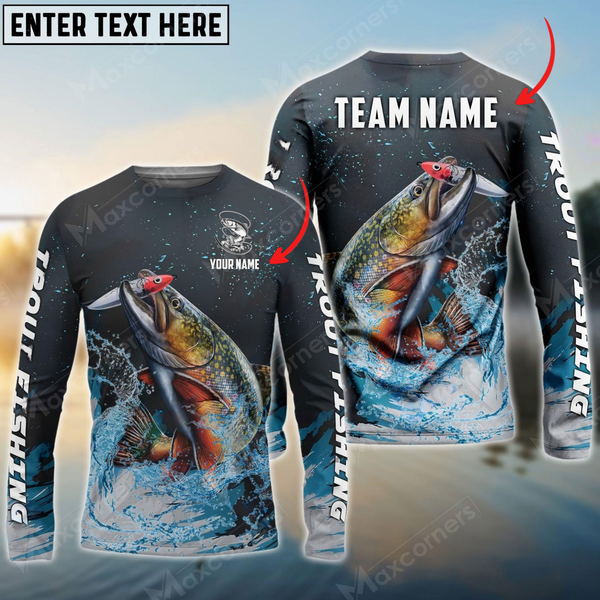 Maxcorners Trout Fishing Dark Blue Sport Personalized Name, Team Name 3D Long Sleeve Shirt