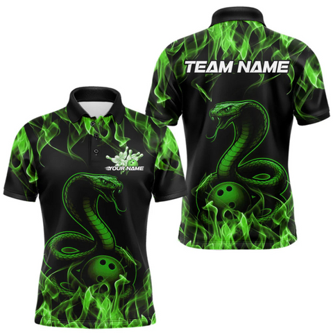 Maxcorners Custom Black And Green Flame Cobra Snake Bowling Men Polo Shirts, Bowling League Shirt LM184