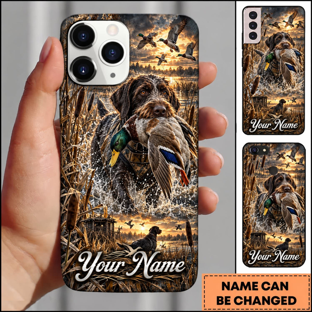 Maxcorners Duck Hunting German Wirehaired Pointer American Flag Sunset Marsh Personalized Name 3D Phone Case - Deutsch Drahthaar
