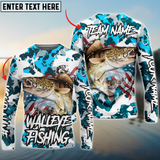 Maxcorners Walleyes Fishing American Flag Light Blue Camo Personalized Name, Team Name 3D Long Sleeve Shirt